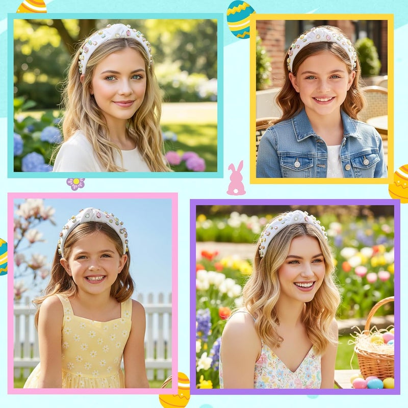 PANTIDE Easter Jeweled Knotted Headband - Colorful Rhinestone Crystal Embellished Headband Non Slip Wide Top Knot Costume Hairband Hair Accessories Spring Party Birthday Gift for Women Girls (White) - Image 5